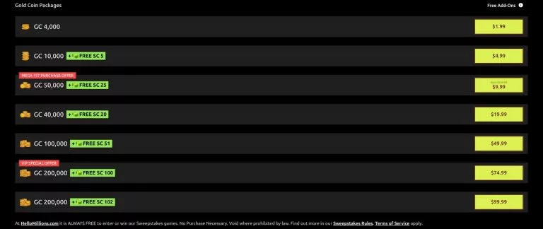 GC bundles at HelloMillions Casino