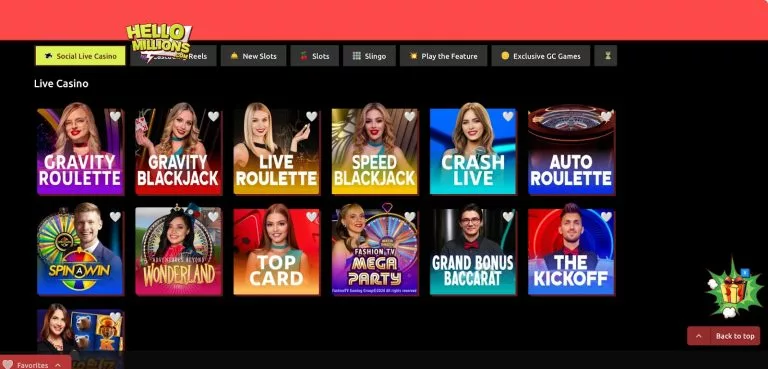 HelloMillions live casino lobby