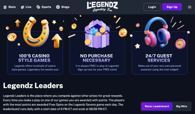 Legendz social casino features