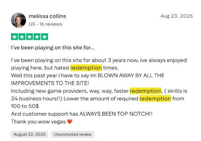 Wow Vegas Trust Pilot Review Prize Redemption